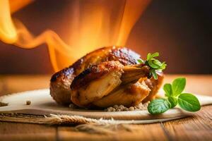 a chicken on a wooden cutting board with a flame in the background. AI-Generated photo