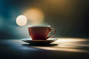 a coffee cup sits on a table in front of a blurry background. AI-Generated photo