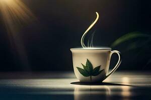 a cup of tea with a leaf on it. AI-Generated photo