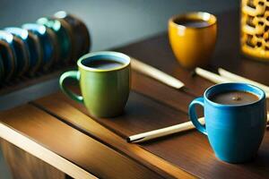 three colorful coffee cups sit on a wooden table. AI-Generated photo