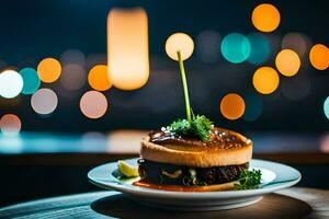 a burger sitting on a plate with a fork. AI-Generated photo