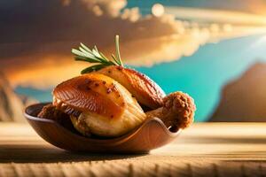 chicken in a bowl on a wooden table with a sunset in the background. AI-Generated photo