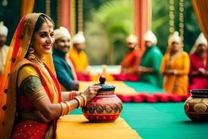 a bride in traditional indian attire is lighting a candle. AI-Generated photo