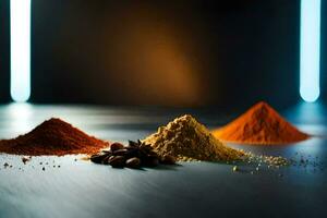 three different spices and spices on a table. AI-Generated photo