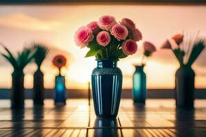 pink flowers in a blue vase on a table. AI-Generated photo