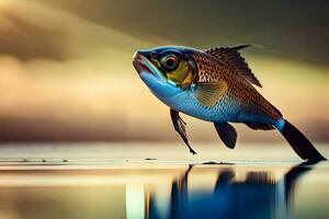 un pescado es saltando fuera de el agua. generado por ai foto
