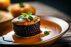 a dessert on a plate with a pumpkin. AI-Generated photo