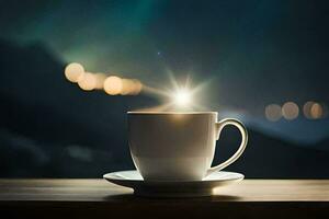 a cup of coffee on a table with a bright light shining in the background. AI-Generated photo