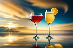 dos lentes de vino y limonada en el playa. generado por ai foto