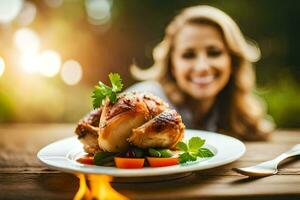 un mujer es sentado a un mesa con un plato de alimento. generado por ai foto