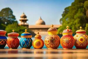 a row of colorful vases lined up in front of a building. AI-Generated photo