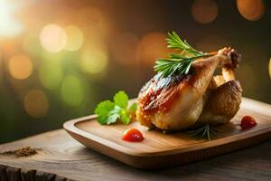 a chicken on a wooden plate with herbs and tomatoes. AI-Generated photo