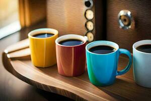 three coffee cups on a wooden tray. AI-Generated photo