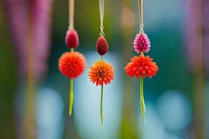 three colorful flowers hanging from strings. AI-Generated photo