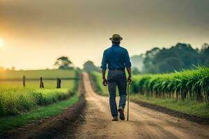 un hombre caminando abajo un suciedad la carretera en frente de un maíz campo. generado por ai foto