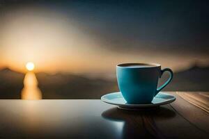 a cup of coffee on a table in front of the sunset. AI-Generated photo
