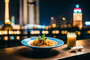 a plate of pasta and a glass of juice are on a table in front of a cityscape. AI-Generated photo