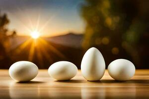 four eggs are sitting on a table with the sun in the background. AI-Generated photo