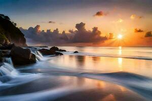 sunset over the ocean with waves crashing into the shore. AI-Generated photo
