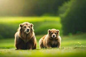 two brown bears sitting on the grass in the middle of a field. AI-Generated photo