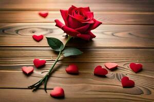 el Rosa es rodeado por corazones en un de madera mesa. generado por ai foto