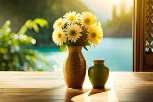 a vase with flowers on a table in front of a window. AI-Generated photo