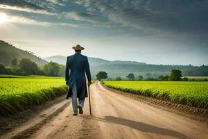 a man in a suit and hat walking down a dirt road. AI-Generated photo