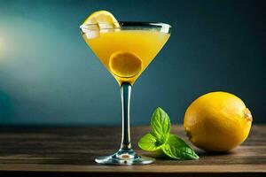 a cocktail with lemon and mint on a wooden table. AI-Generated photo