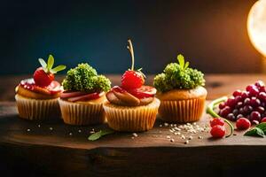 cupcakes with cherries and berries on a wooden table. AI-Generated photo