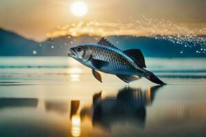 pescado saltando fuera de el agua a puesta de sol. generado por ai foto
