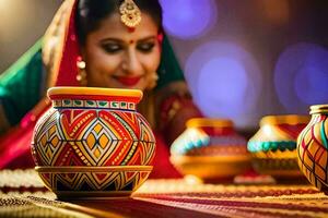 a woman in traditional indian dress is holding a pot. AI-Generated photo