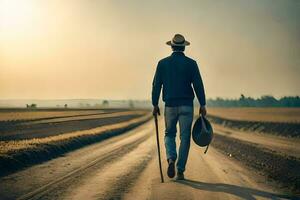 a man walking down a dirt road with a hat and cane. AI-Generated photo