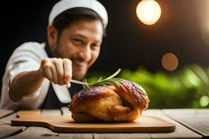 a chef is cutting a roast chicken on a wooden board. AI-Generated photo