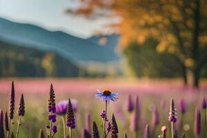 purple flowers in a field with mountains in the background. AI-Generated photo