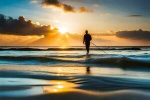 a man stands on a paddle board in the ocean at sunset. AI-Generated photo