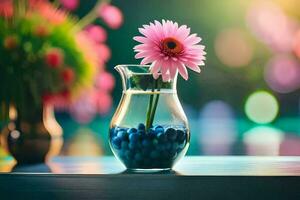 un florero con arándanos y rosado flores en un mesa. generado por ai foto