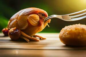 un pollo con un tenedor y un pedazo de alimento. generado por ai foto