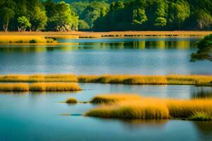 a lake with grass and trees in the background. AI-Generated photo