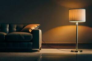 un lámpara es en un mesa siguiente a un sofá. generado por ai foto