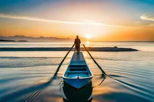 the man is standing on the boat at sunset. AI-Generated photo