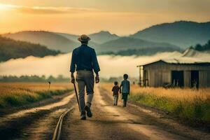 un hombre caminando abajo un suciedad la carretera con dos niños. generado por ai foto