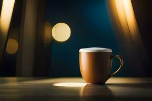 un café taza en un mesa con luces en el antecedentes. generado por ai foto
