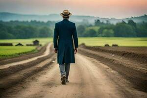 a man in a suit and hat walks down a dirt road. AI-Generated photo