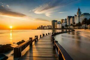 a wooden boardwalk leads to the beach at sunset. AI-Generated photo