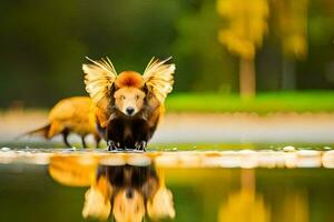 a red poodle with wings on the water. AI-Generated photo