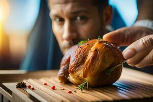 a man is holding a piece of meat on a wooden tray. AI-Generated photo