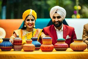 a couple in traditional indian attire sits at a table with colorful pots. AI-Generated photo