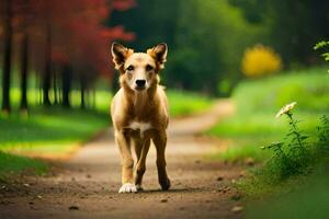 a dog walking down a path in the woods. AI-Generated photo