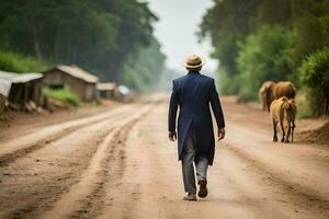 un hombre en un traje y sombrero caminando abajo un suciedad la carretera con vacas generado por ai foto