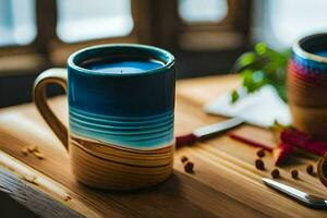 two coffee mugs on a wooden table. AI-Generated photo